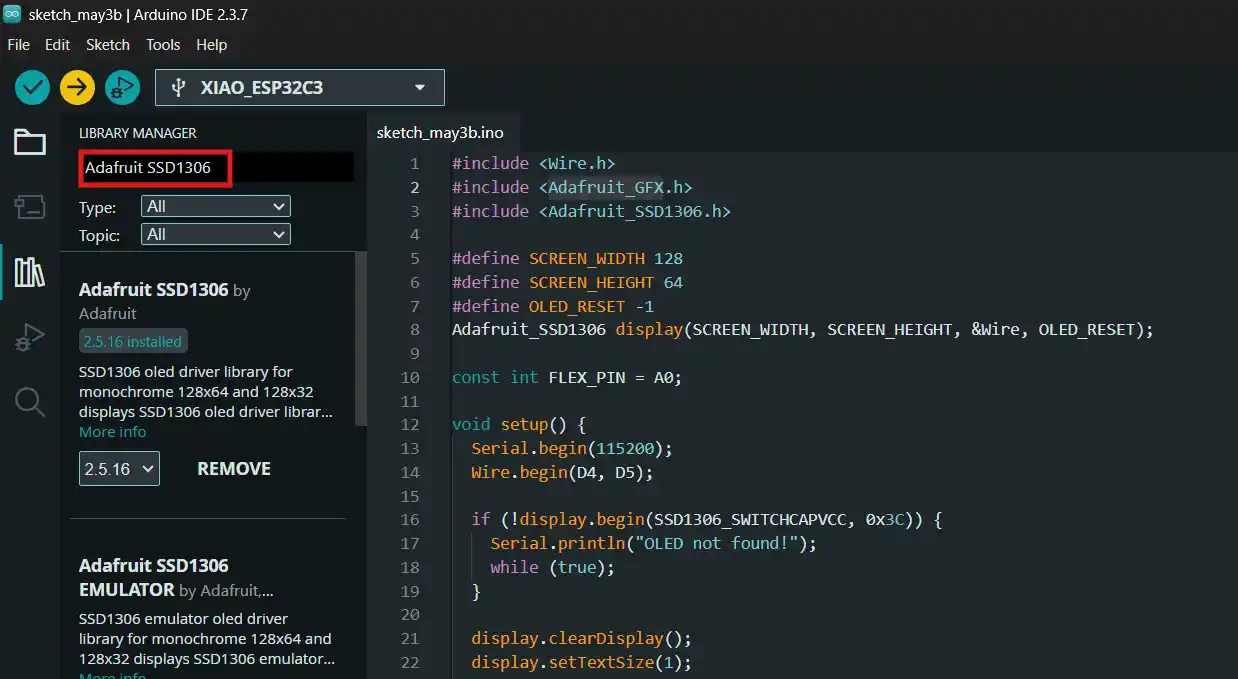 Searching for and installing the Adafruit SSD1306 library in the Library Manager