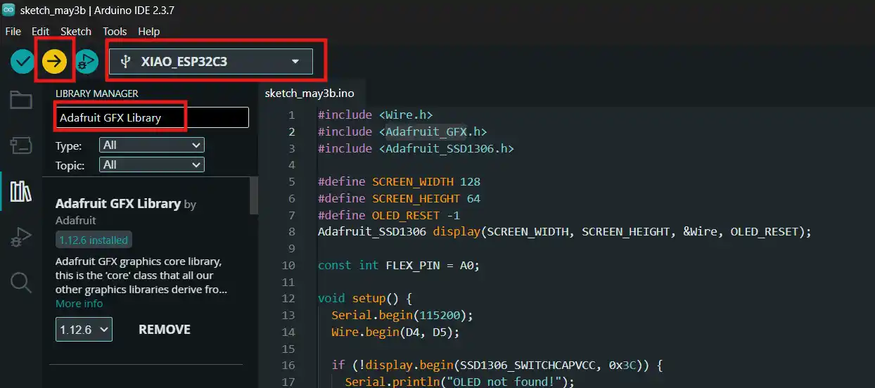 Searching for and installing the Adafruit GFX Library in the Library Manager