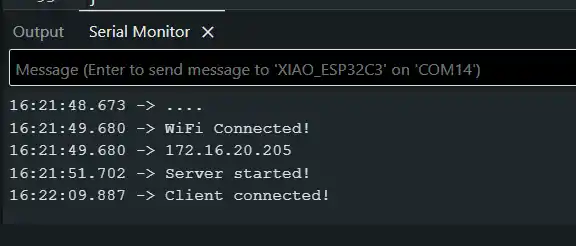 Serial Monitor showing WiFi connected, IP address 172.16.20.205, server started and client connected