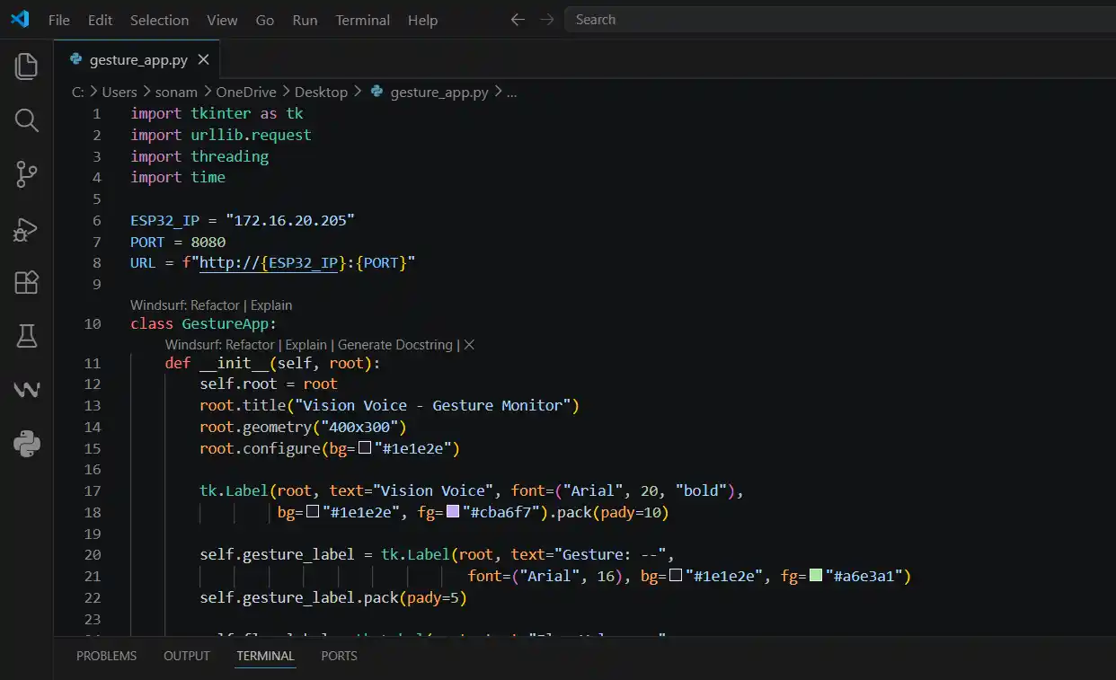 gesture_app.py open in VS Code showing the GestureApp class with Tkinter UI code