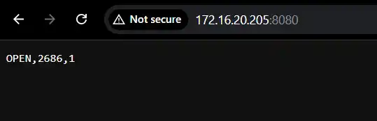 Browser showing OPEN,2686,1 returned from the ESP32 server at 172.16.20.205:8080