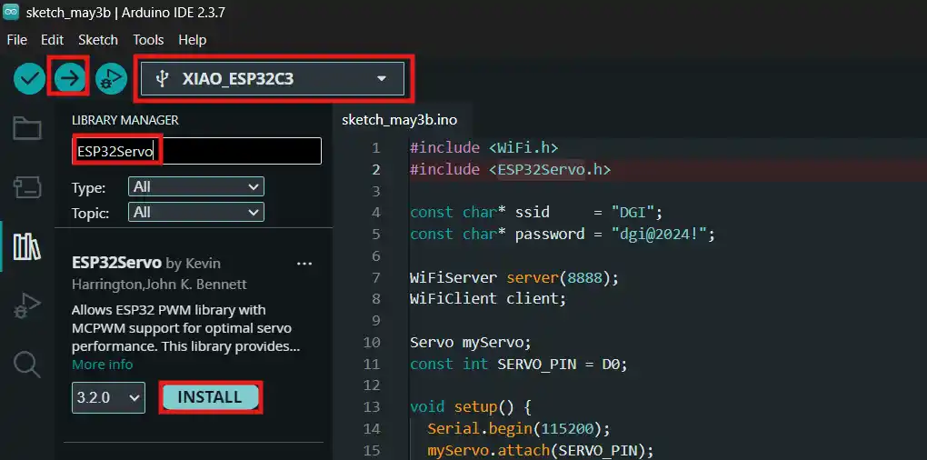 Searching for and installing the ESP32Servo library in the Library Manager alongside the servo sketch code