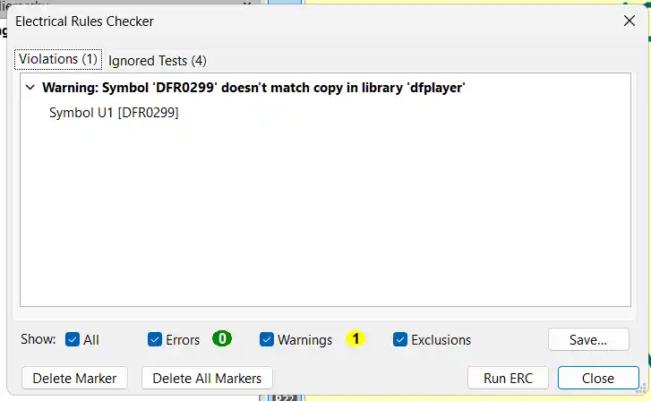 ERC result showing 0 errors and 1 warning