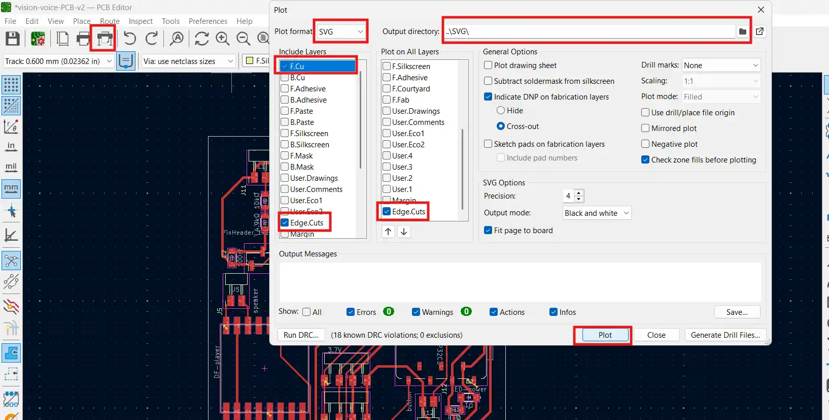 plot dialog with SVG selected, F.Cu and Edge.Cuts highlighted