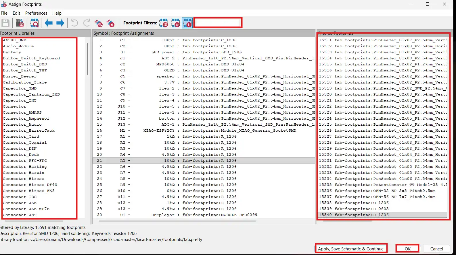 footprint assignment window with all components assigned