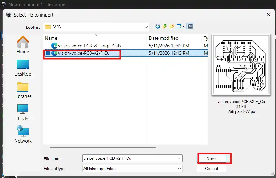 Inkscape file import dialog with F.Cu SVG selected
