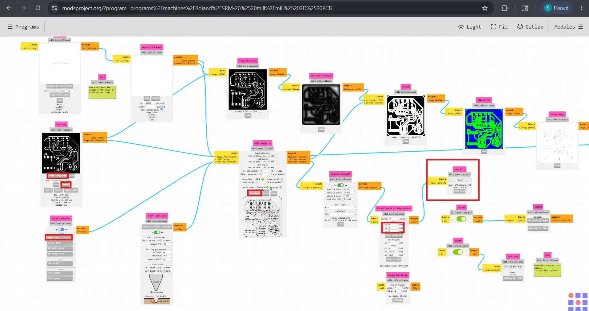 Mods CE full workflow with all nodes visible and PCB being processed