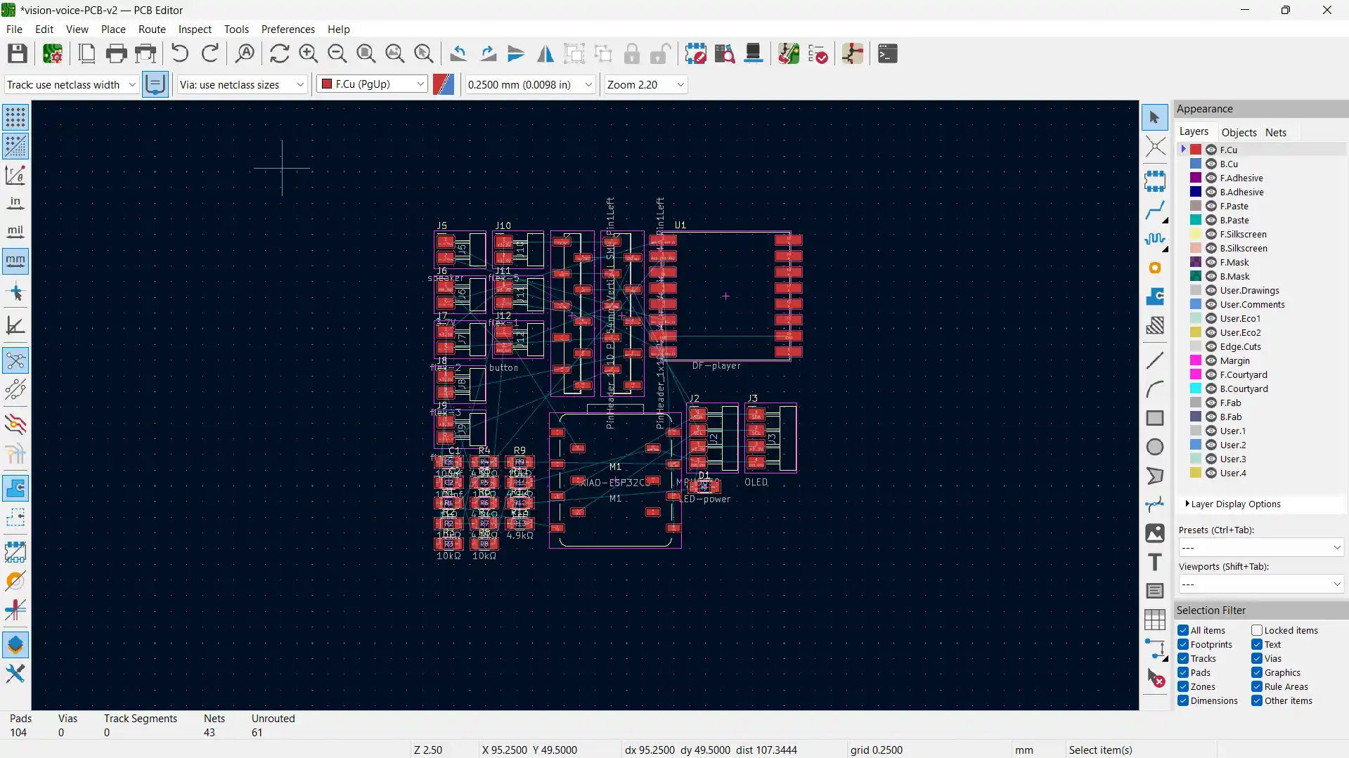PCB editor with all footprints and ratsnest lines, 61 unrouted