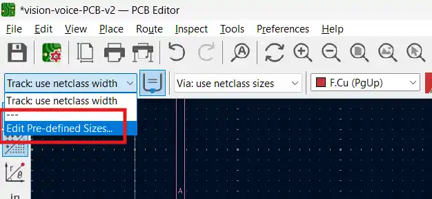 editing pre-defined trace sizes dialog