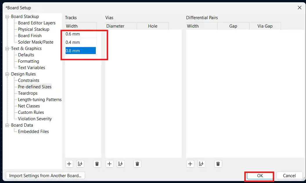 board setup showing the three trace widths added