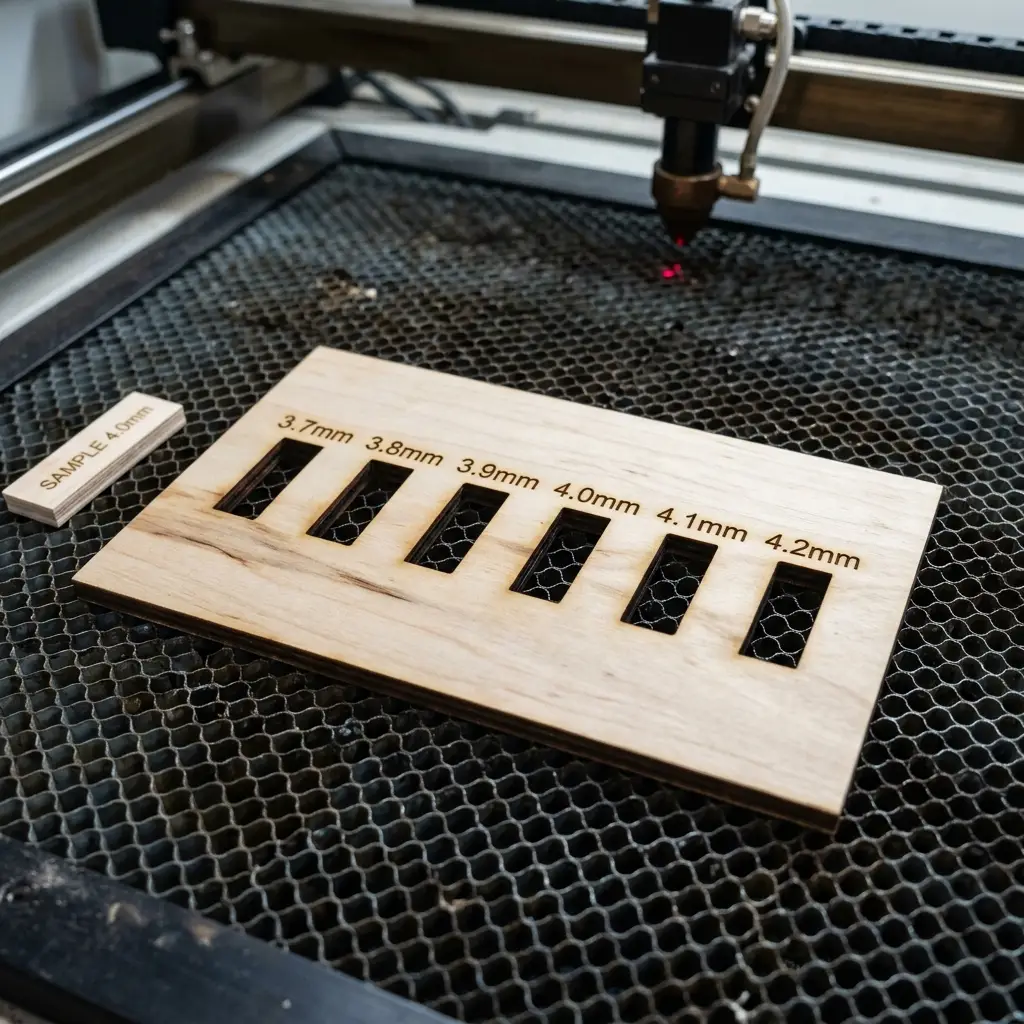 Plywood slot comb test board to calibrate laser kerf and slot clearances