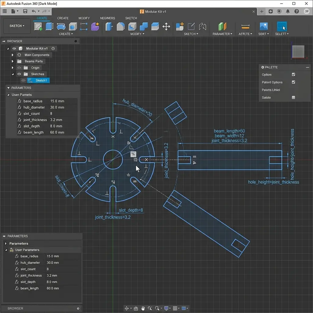Autodesk Fusion 360 sketch showing user parameters for joint thickness and laser kerf