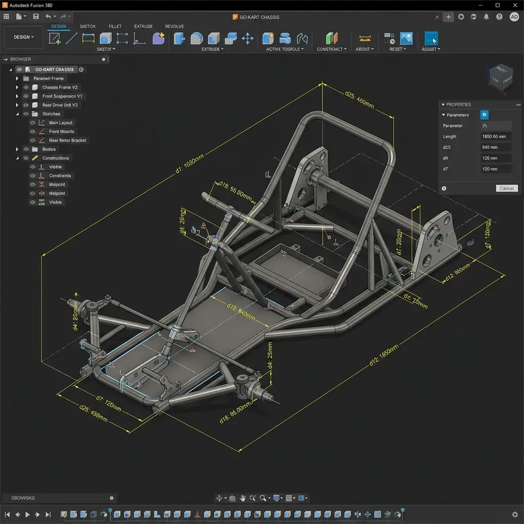 Autodesk Fusion 360 workspace with 3D model of Go-Kart Chassis Frame