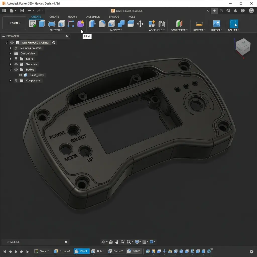 Autodesk Fusion 360 rendering of the Dashboard Casing enclosure