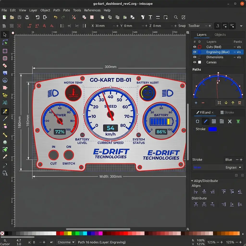 Inkscape interface with Go-Kart Dashboard vector design