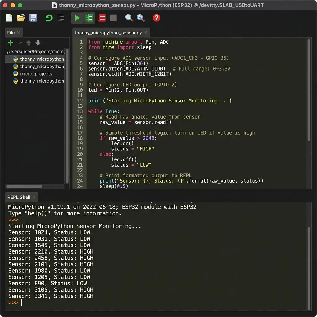 Thonny IDE with MicroPython script running on Seeed Studio Xiao ESP32C3