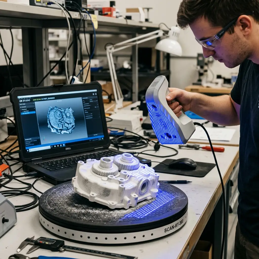 3D scanning process showing structured light scanner projecting on dashboard casing and mesh reconstruction