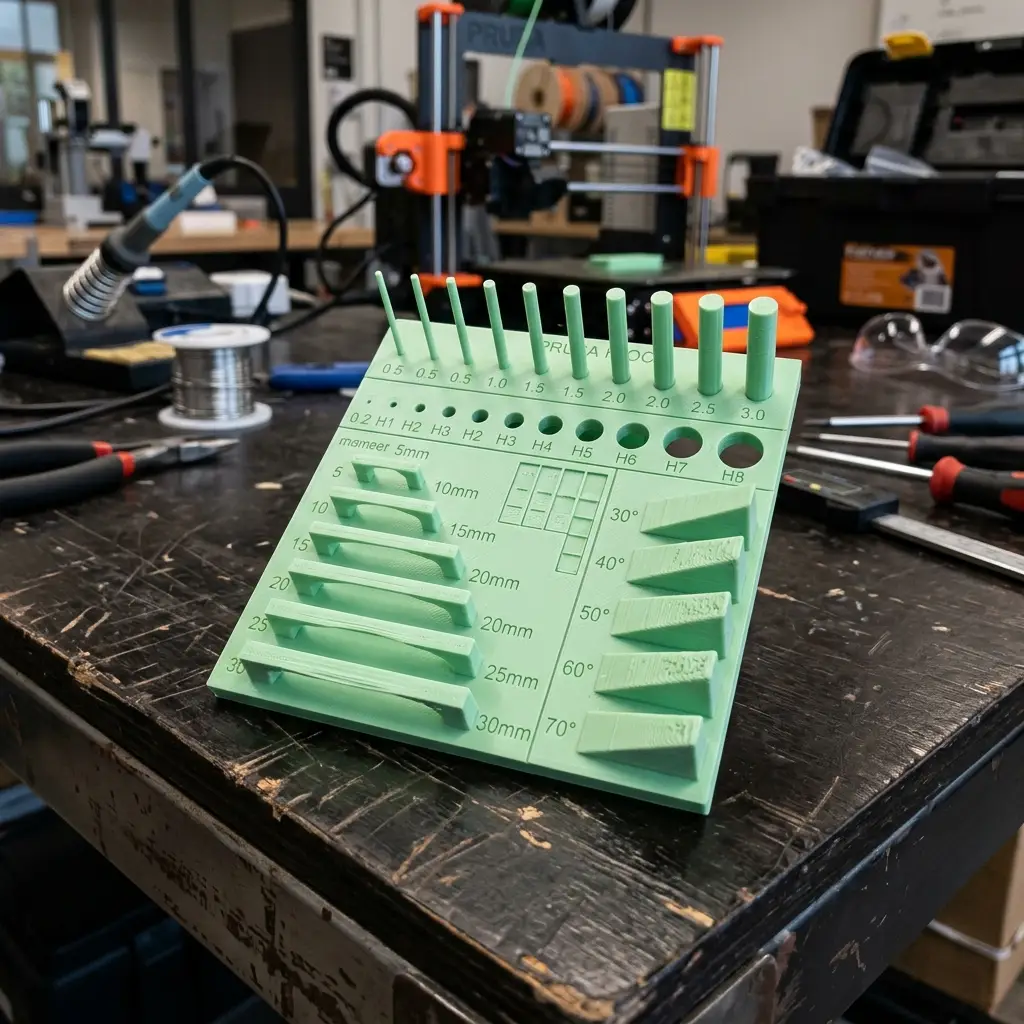 3D Printer design rule calibration print showing overhangs, bridging, and text tolerances