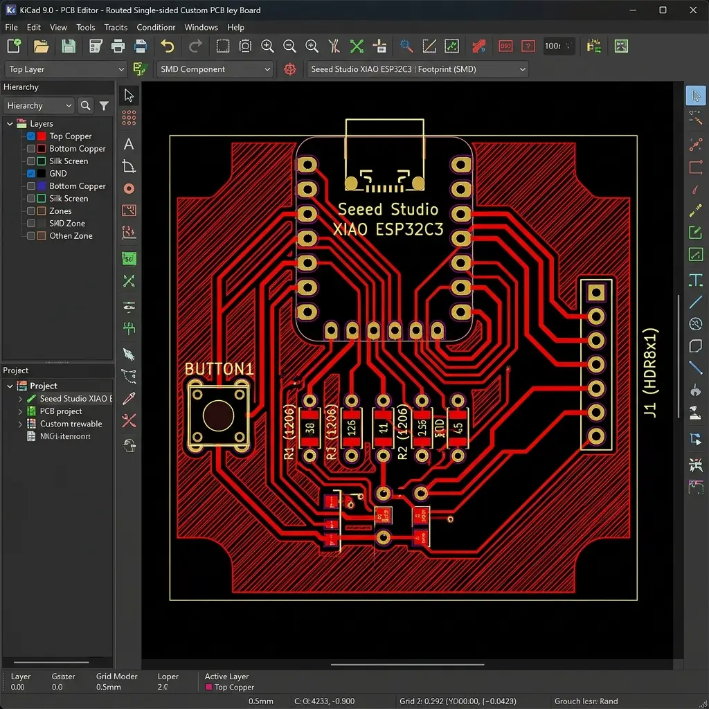 KiCad 9.0 PCB copper trace routing layout and ground plane fill