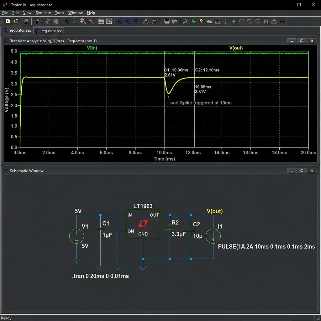 LTspice simulation of transient voltage regulator response under ESP32 load spike