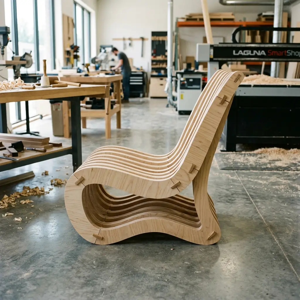Finished assembled plywood kart seat on workbench