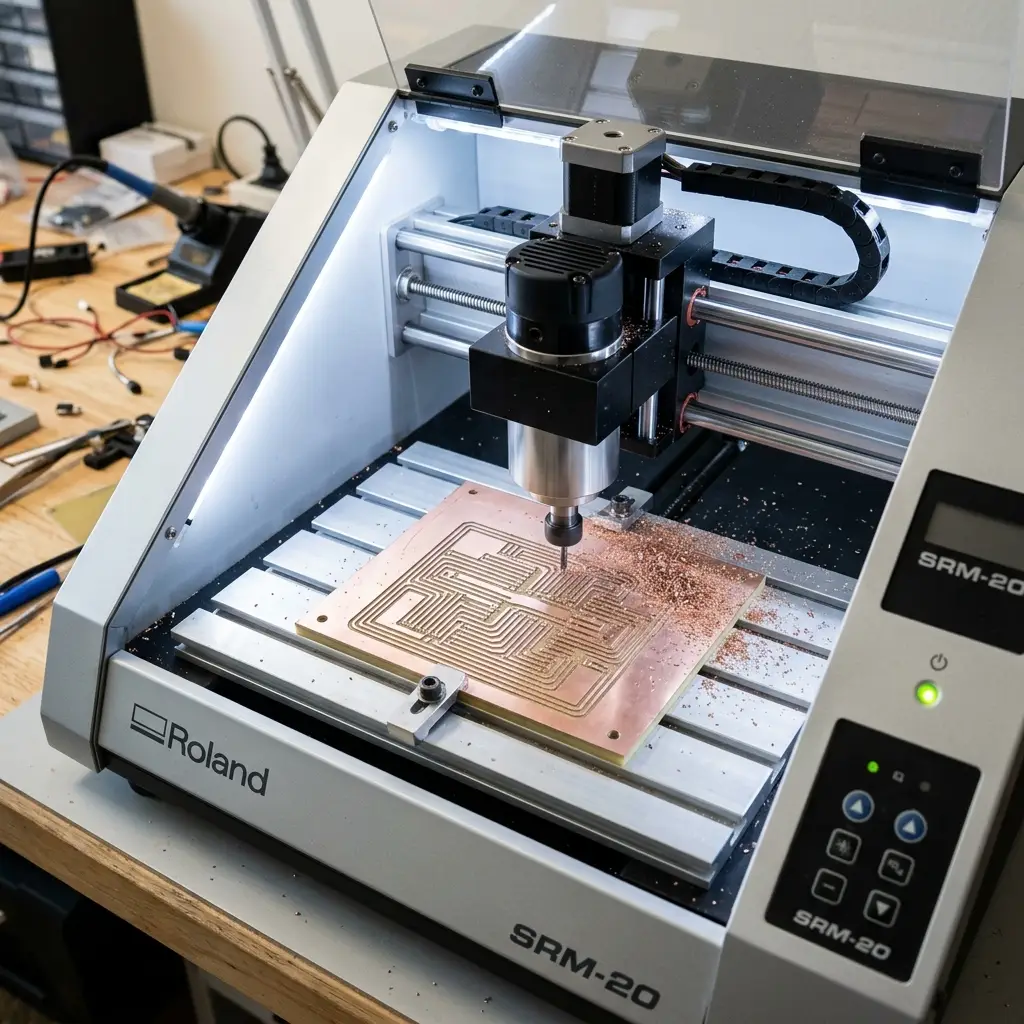Roland SRM-20 CNC milling machine cutting traces on copper board