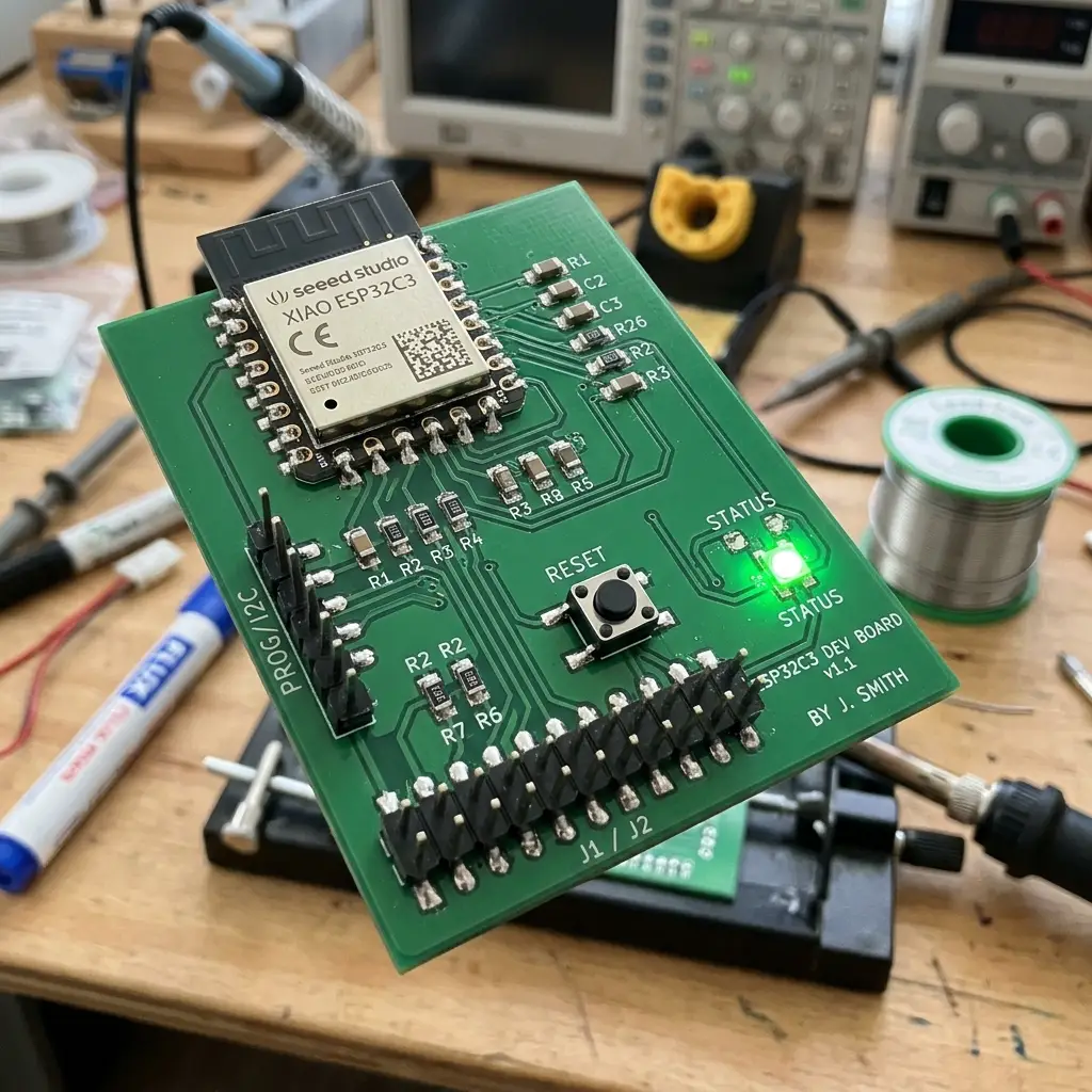 Assembled ESP32C3 dashboard PCB with components soldered and active