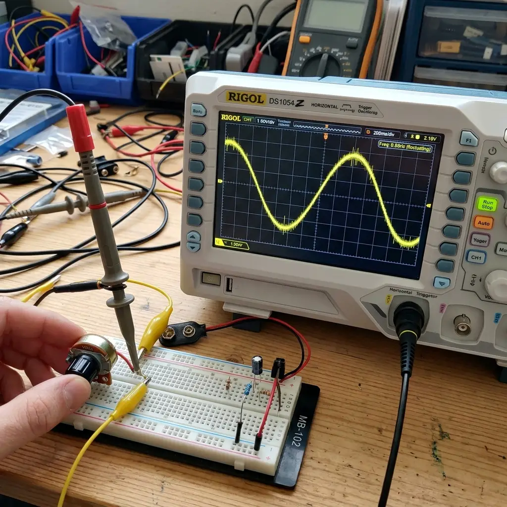Oscilloscope screen probing analog potentiometer signal showing electrical noise filtering