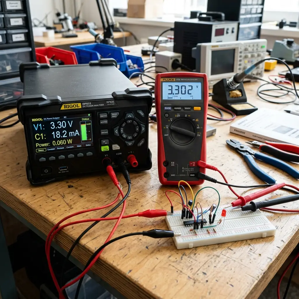 Digital multimeter and power analyzer measuring DC current consumption of a motor driver