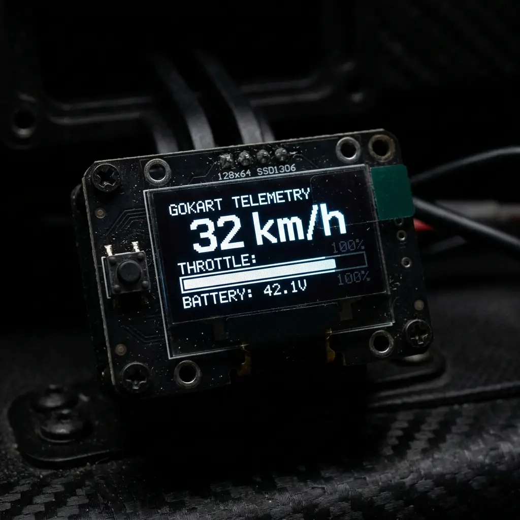 OLED display panel dashboard displaying go-kart speed, throttle bar, and battery voltage