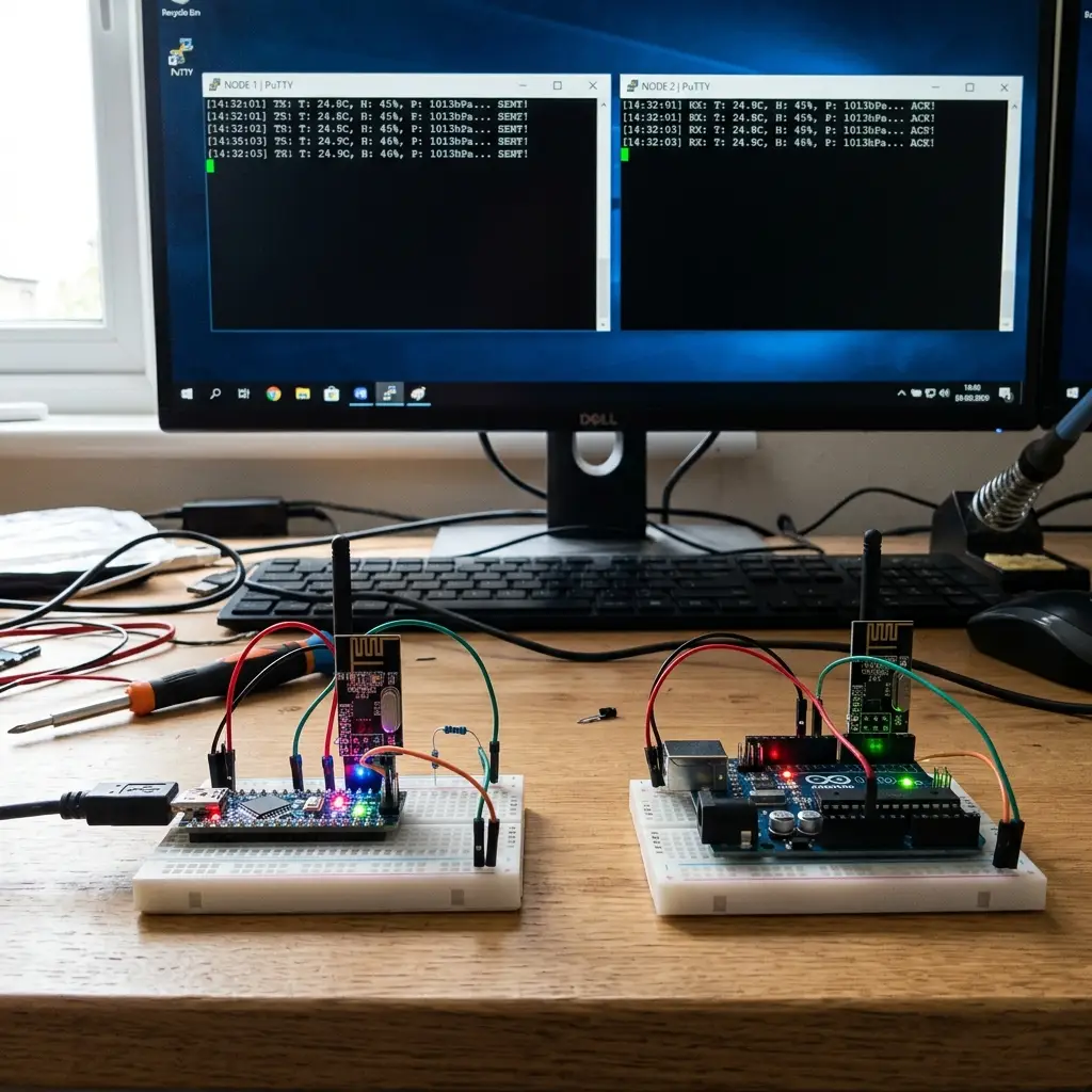Two ESP32C3 boards communicating wirelessly using ESP-NOW displaying packets sent/received success logs