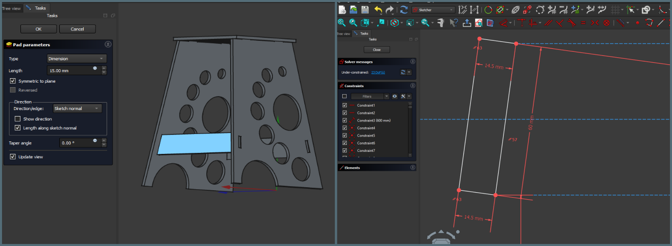 Joint width in FreeCAD sketch — 14.5mm with 0.5mm kerf compensation