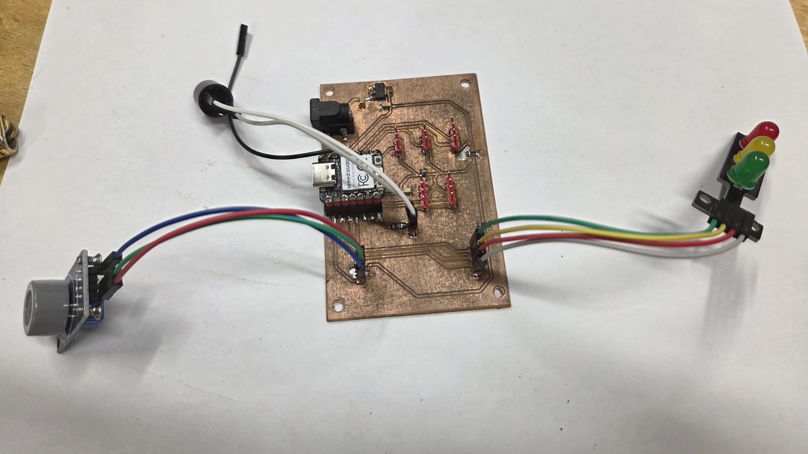 Vahan board fully assembled — MQ-7 sensor, buzzer, and LED traffic light module connected