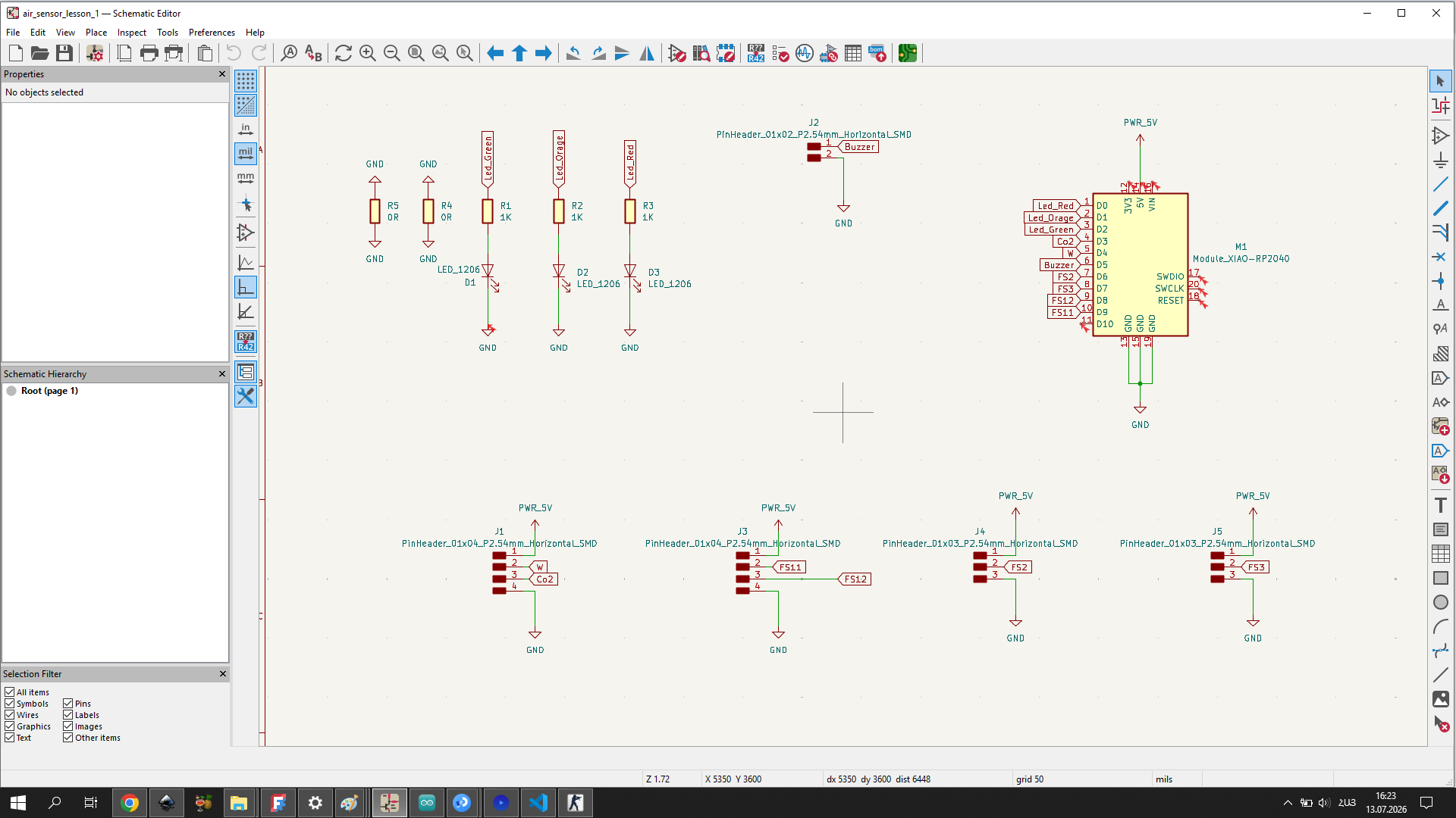 Vahan KiCad schematic — MQ-7, LEDs, buzzer, and XIAO RP2040 wiring