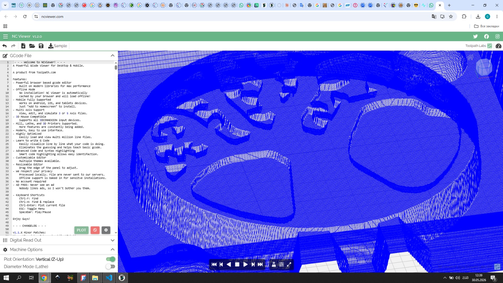 Finishing pass toolpath in ncviewer.com