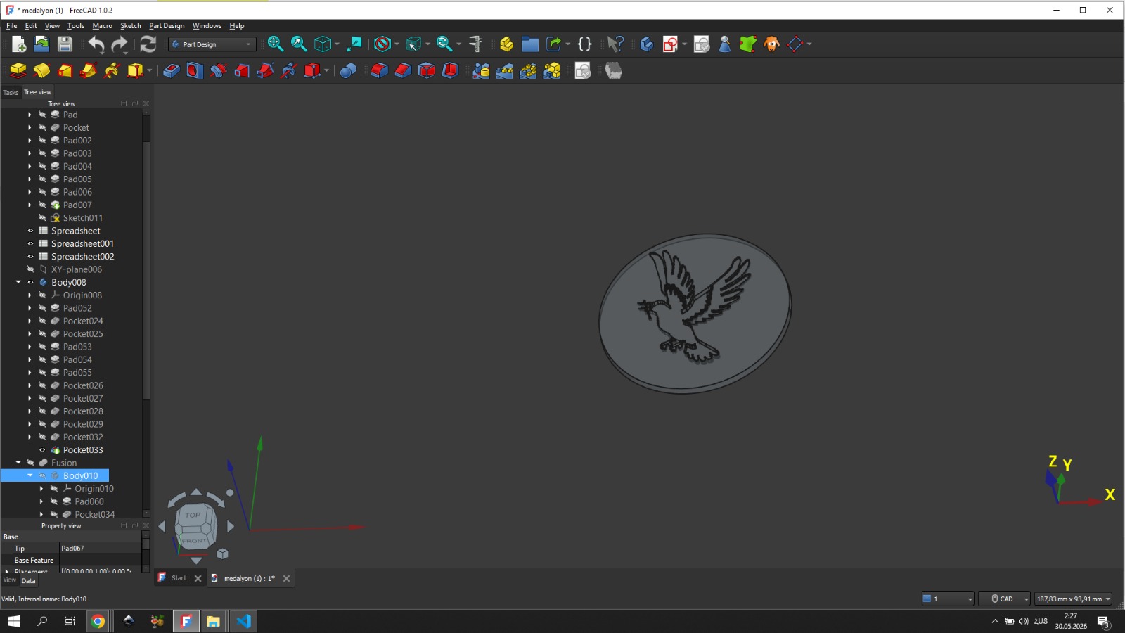 Completed medallion 3D model - front side