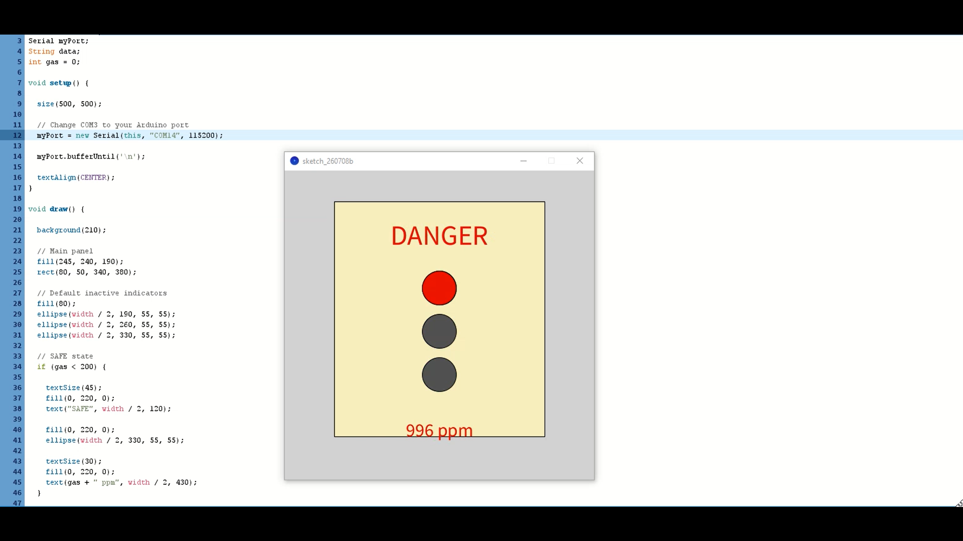 Processing code editor and UI — DANGER state