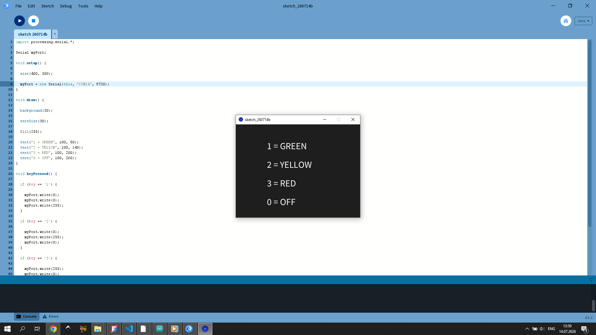 Processing code editor and running UI — keyboard-controlled LED sketch