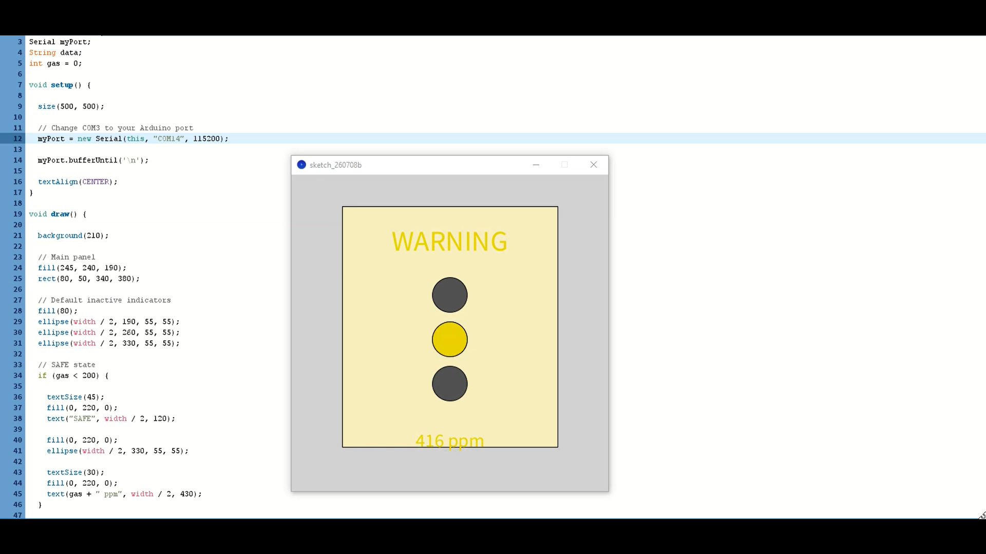 Processing code editor and UI — WARNING state
