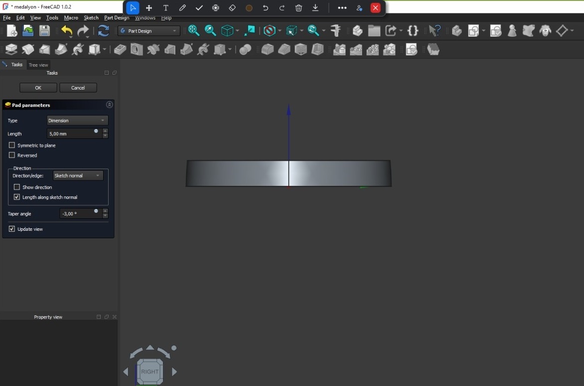 FreeCAD Pad operation with taper angle settings