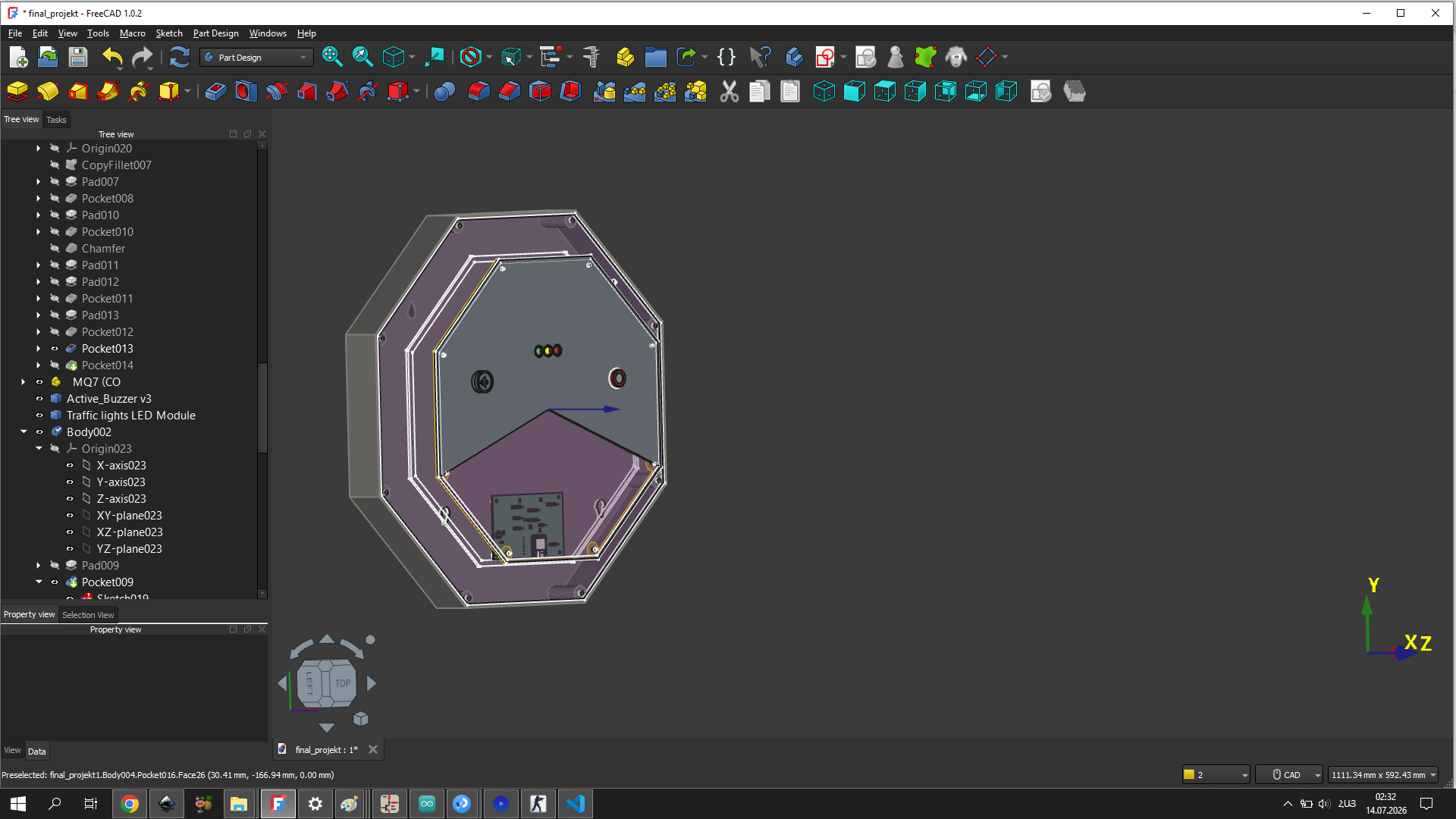 Colored FreeCAD render of the enclosure, showing the internal layout with the MQ-7 sensor, buzzer, and LED module in place