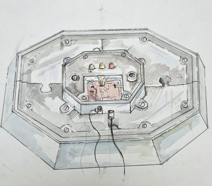Detailed sketch showing the internal layout — PCB, LEDs, buzzer, and wiring inside the enclosure