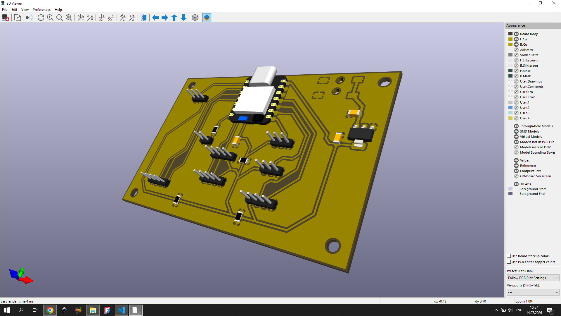 Vahan PCB rendered in KiCad's 3D Viewer