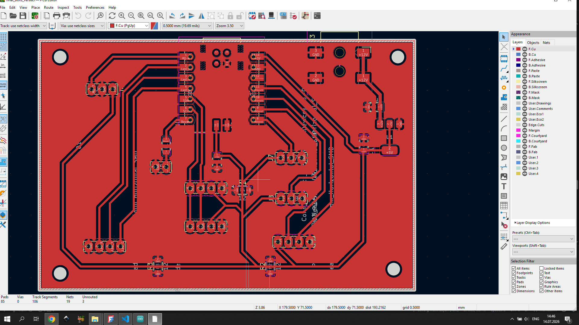 Vahan PCB copper routing layout in KiCad