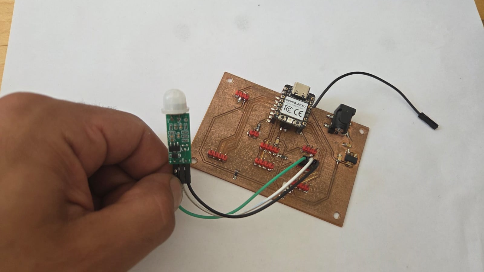 HC-SR505 PIR sensor connected to the PCB