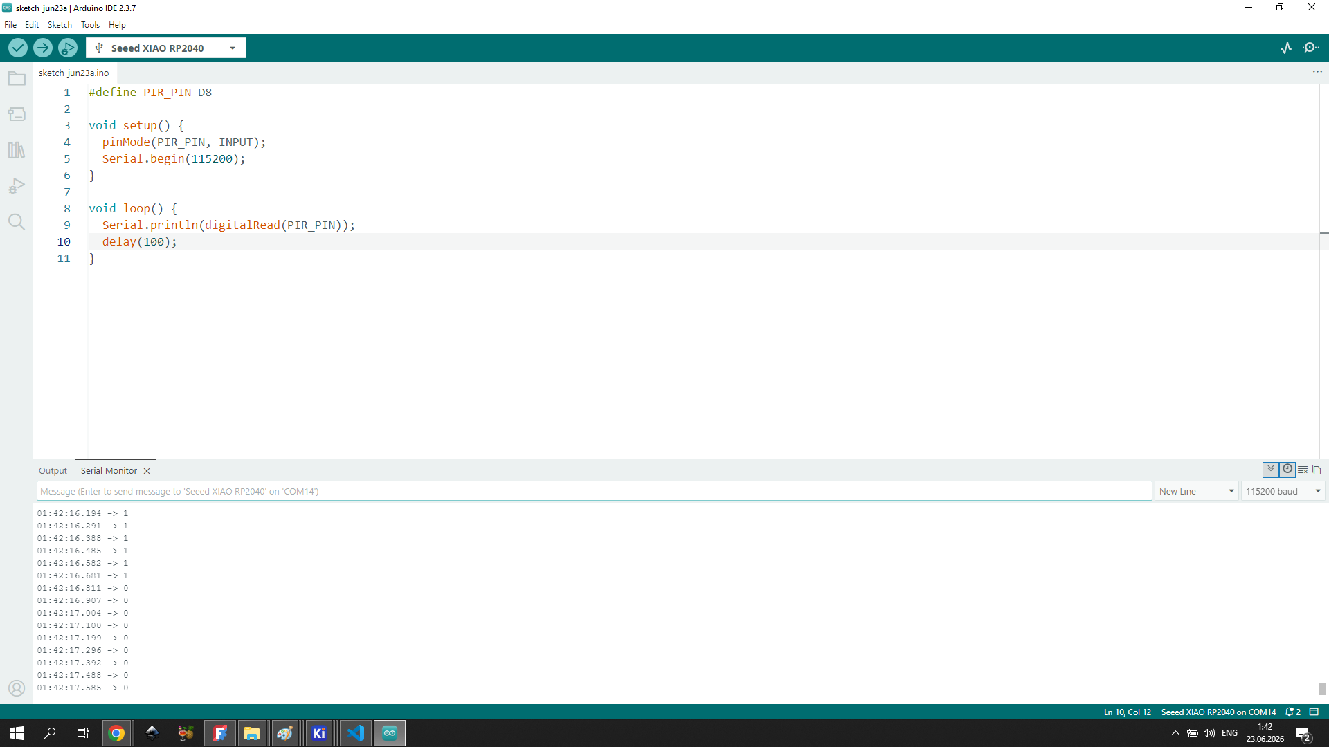 Serial Monitor — PIR sensor output (1=motion, 0=no motion)