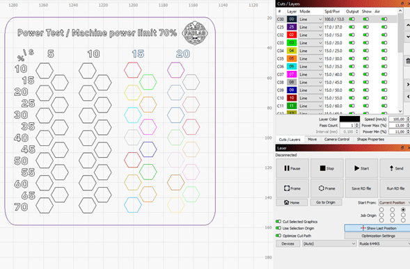 LightBurn color-coded speed and power test configuration