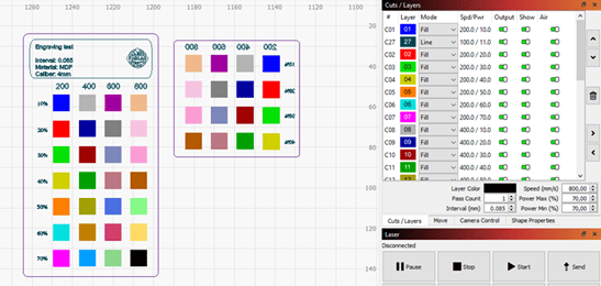 LightBurn engraving parameter configuration for MDF and acrylic