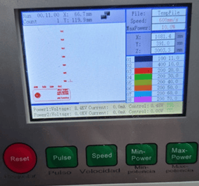 Laser machine control panel showing engraving parameters