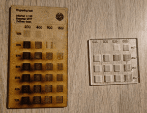 Final engraving test matrix results on MDF and acrylic